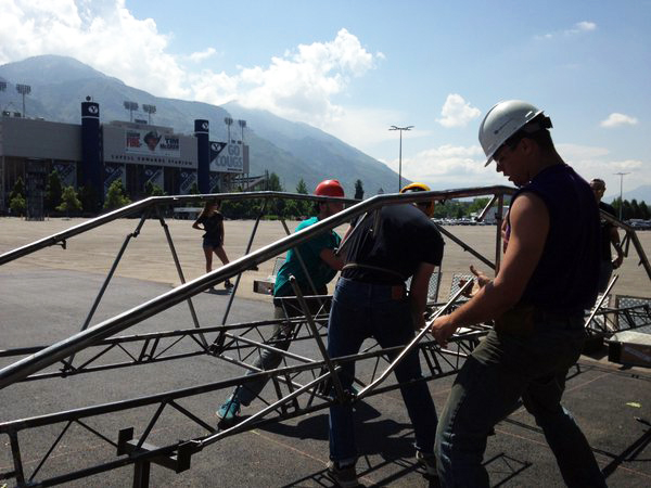 Students practice for the National Steel Bridge Competition. 